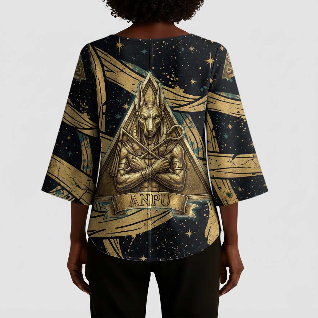 Anubis Ancient Egyptian Kimono Sleeve Blouse with Starry Mummy Wrap Pattern, Anubis Warrior Illustration, and Pyramid - African Pride