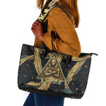 Anubis Ancient Egyptian Leather Tote Bag with Starry Mummy Wrap Pattern, Anubis Warrior Illustration, and Pyramid - African Pride
