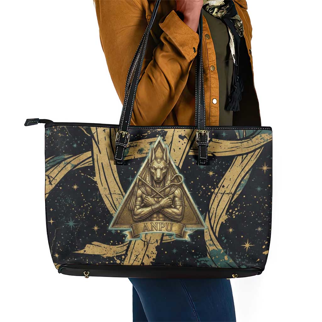 Anubis Ancient Egyptian Leather Tote Bag with Starry Mummy Wrap Pattern, Anubis Warrior Illustration, and Pyramid - African Pride