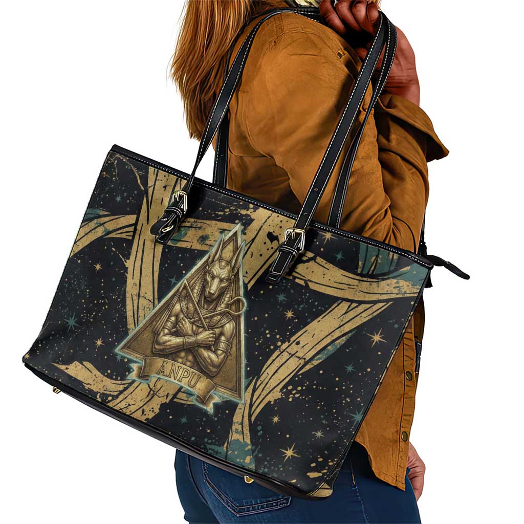 Anubis Ancient Egyptian Leather Tote Bag with Starry Mummy Wrap Pattern, Anubis Warrior Illustration, and Pyramid - African Pride