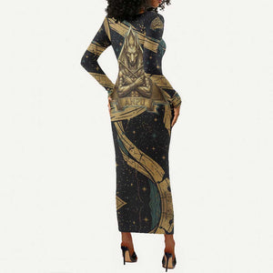 Anubis Ancient Egyptian Long Sleeve Bodycon Dress with Starry Mummy Wrap Pattern, Anubis Warrior Illustration, and Pyramid - African Pride