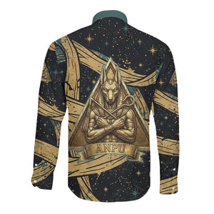 Anubis Ancient Egyptian Long Sleeve Button Shirt with Starry Mummy Wrap Pattern, Anubis Warrior Illustration, and Pyramid - African Pride