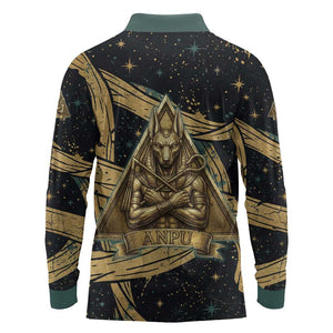 Anubis Ancient Egyptian Long Sleeve Polo Shirt with Starry Mummy Wrap Pattern, Anubis Warrior Illustration, and Pyramid - African Pride