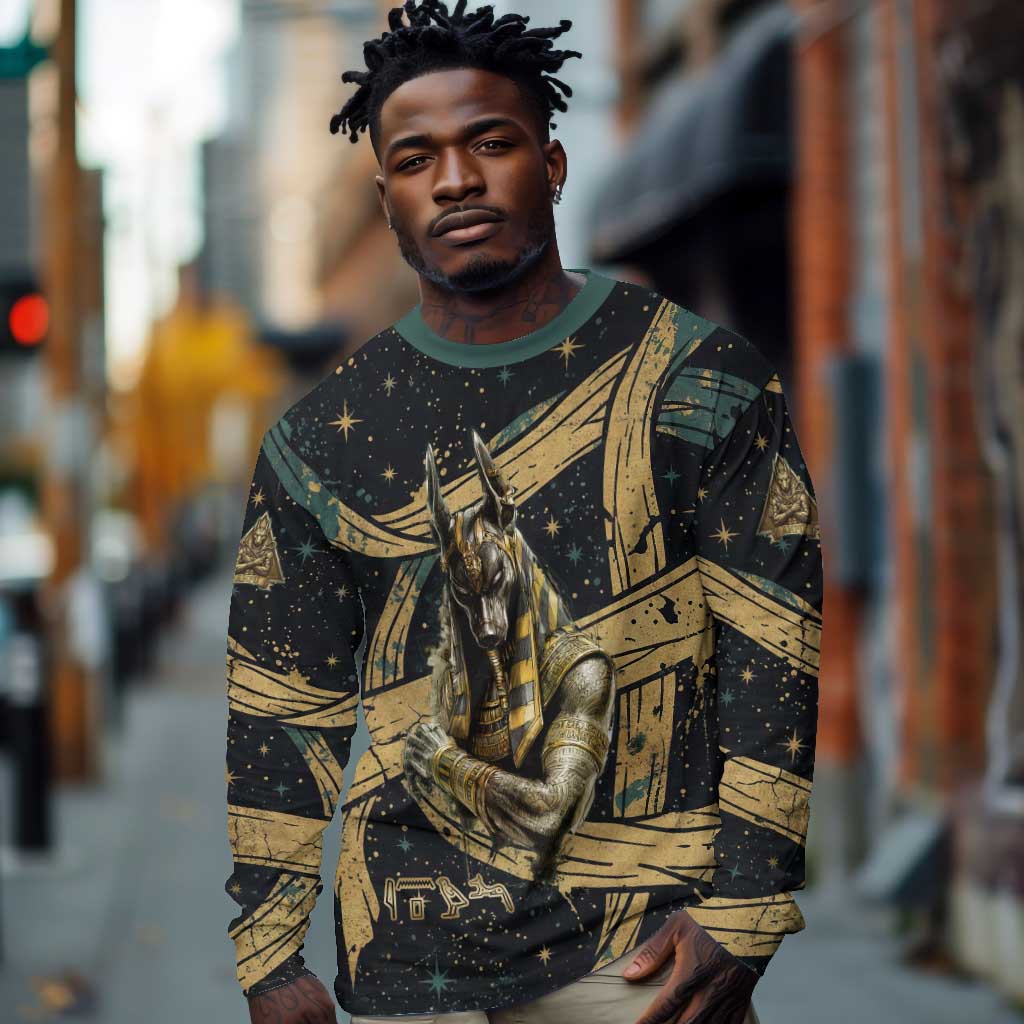 Anubis Ancient Egyptian Long Sleeve Shirt with Starry Mummy Wrap Pattern, Anubis Warrior Illustration, and Pyramid - African Pride