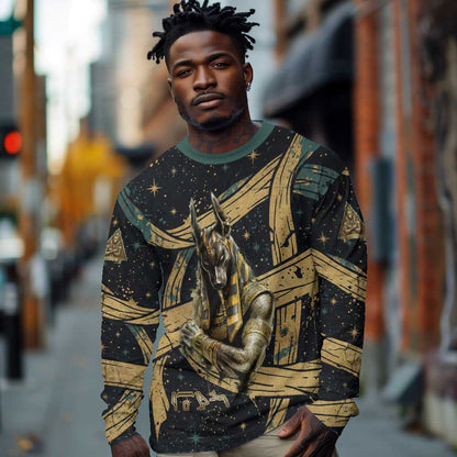 Anubis Ancient Egyptian Long Sleeve Shirt with Starry Mummy Wrap Pattern, Anubis Warrior Illustration, and Pyramid - African Pride