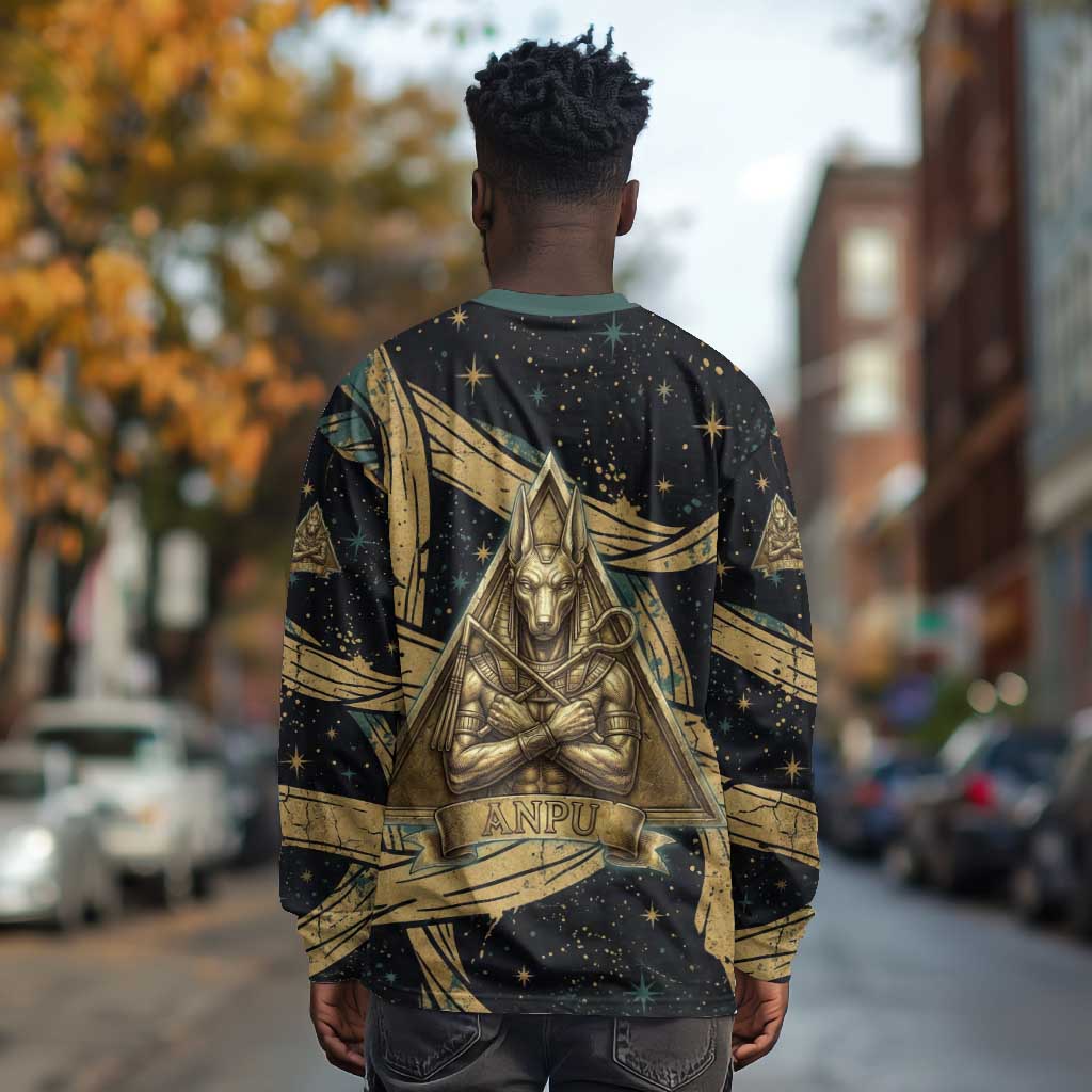 Anubis Ancient Egyptian Long Sleeve Shirt with Starry Mummy Wrap Pattern, Anubis Warrior Illustration, and Pyramid - African Pride