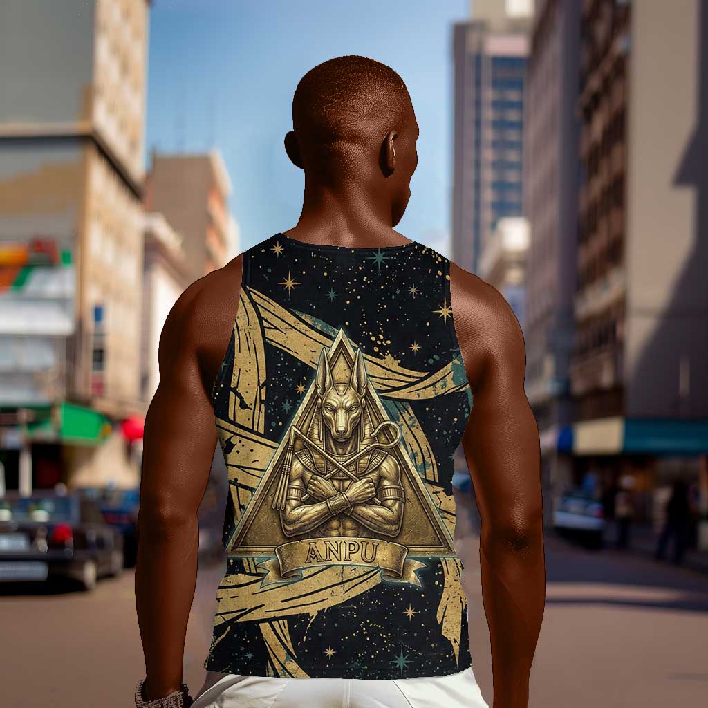 Anubis Ancient Egyptian Men Tank Top with Starry Mummy Wrap Pattern, Anubis Warrior Illustration, and Pyramid - African Pride