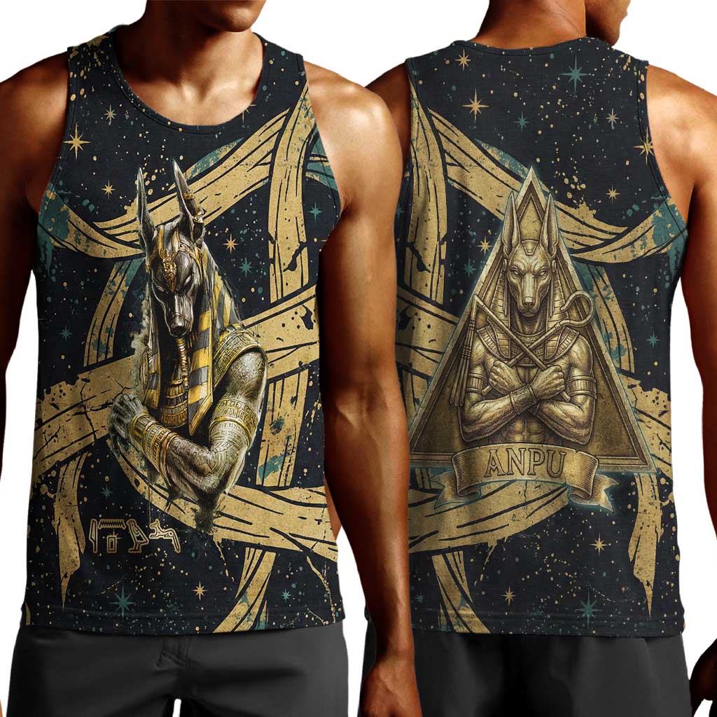 Anubis Ancient Egyptian Men Tank Top with Starry Mummy Wrap Pattern, Anubis Warrior Illustration, and Pyramid - African Pride