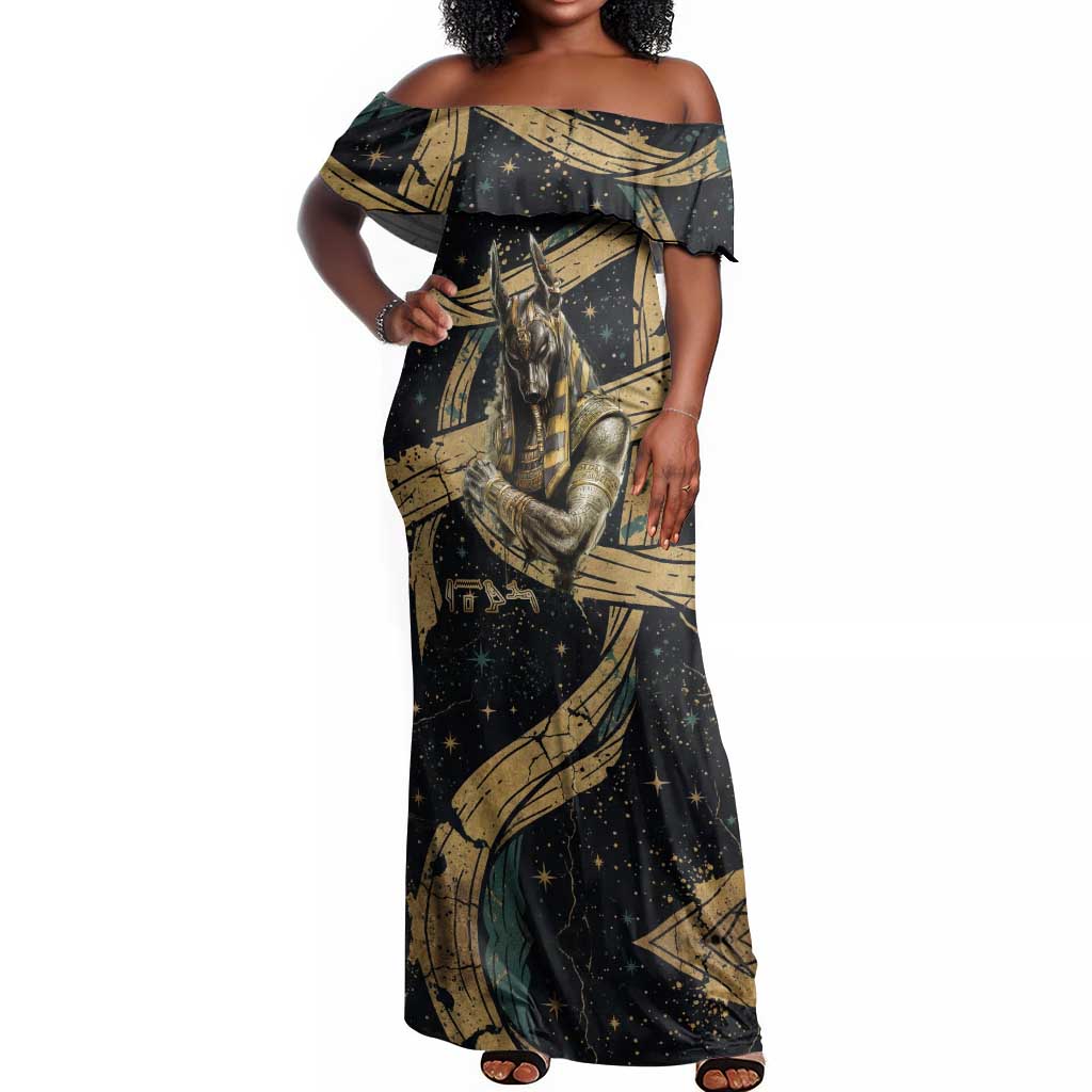Anubis Ancient Egyptian Off Shoulder Maxi Dress with Starry Mummy Wrap Pattern, Anubis Warrior Illustration, and Pyramid - African Pride