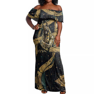 Anubis Ancient Egyptian Off Shoulder Maxi Dress with Starry Mummy Wrap Pattern, Anubis Warrior Illustration, and Pyramid - African Pride