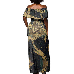 Anubis Ancient Egyptian Off Shoulder Maxi Dress with Starry Mummy Wrap Pattern, Anubis Warrior Illustration, and Pyramid - African Pride