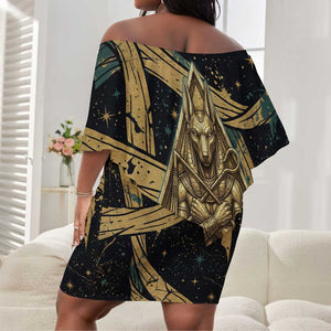Anubis Ancient Egyptian Off Shoulder Short Dress with Starry Mummy Wrap Pattern, Anubis Warrior Illustration, and Pyramid - African Pride