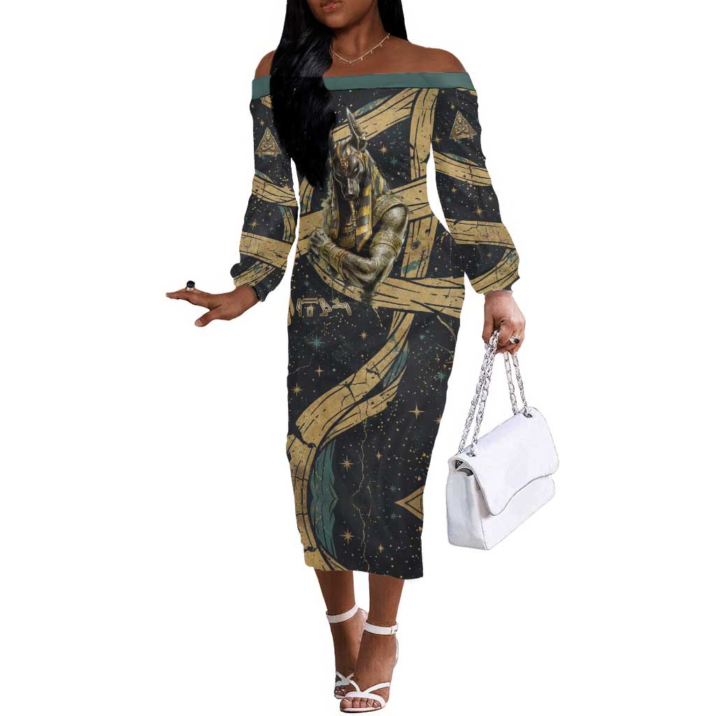Anubis Ancient Egyptian Off The Shoulder Long Sleeve Dress with Starry Mummy Wrap Pattern, Anubis Warrior Illustration, and Pyramid - African Pride