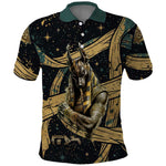 Anubis Ancient Egyptian Polo Shirt with Starry Mummy Wrap Pattern, Anubis Warrior Illustration, and Pyramid - African Pride