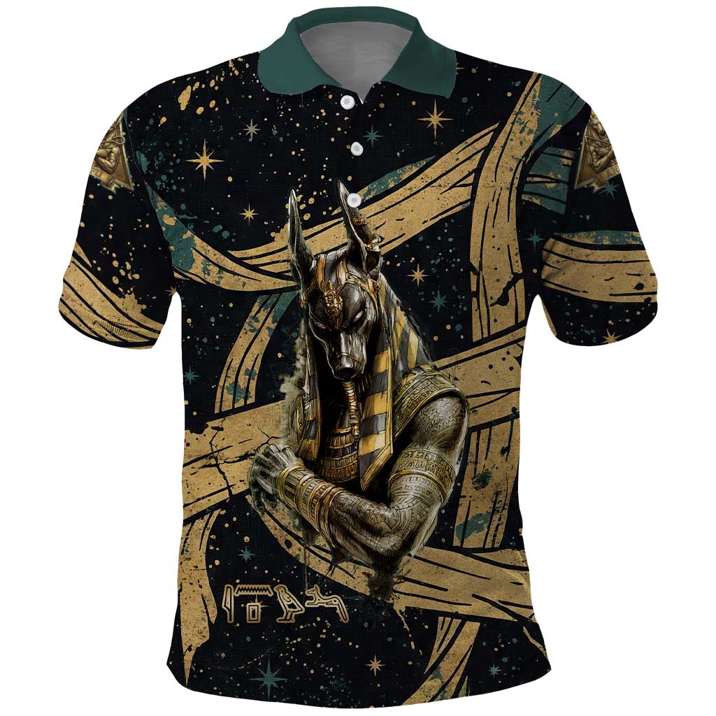 Anubis Ancient Egyptian Polo Shirt with Starry Mummy Wrap Pattern, Anubis Warrior Illustration, and Pyramid - African Pride