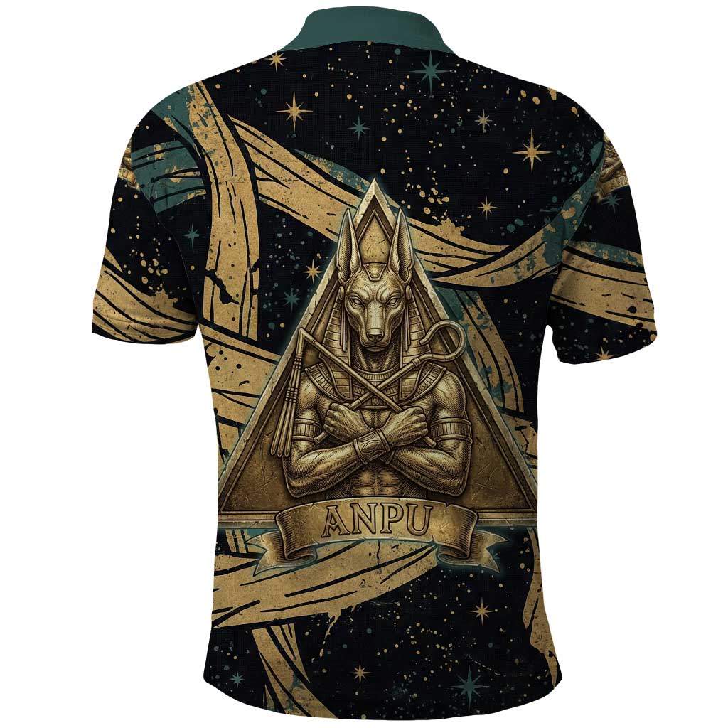 Anubis Ancient Egyptian Polo Shirt with Starry Mummy Wrap Pattern, Anubis Warrior Illustration, and Pyramid - African Pride