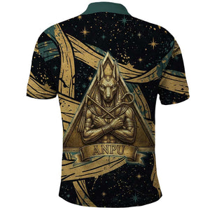 Anubis Ancient Egyptian Polo Shirt with Starry Mummy Wrap Pattern, Anubis Warrior Illustration, and Pyramid - African Pride
