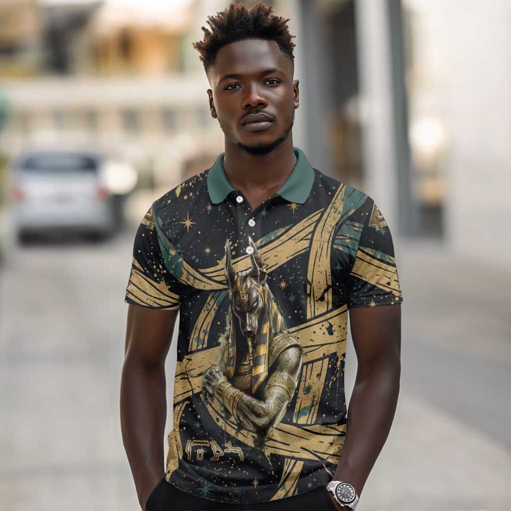 Anubis Ancient Egyptian Polo Shirt with Starry Mummy Wrap Pattern, Anubis Warrior Illustration, and Pyramid - African Pride