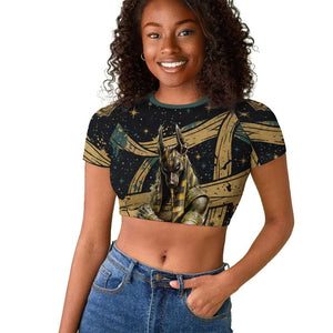 Anubis Ancient Egyptian Raglan Cropped T shirt with Starry Mummy Wrap Pattern, Anubis Warrior Illustration, and Pyramid - African Pride