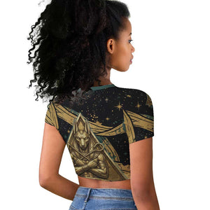 Anubis Ancient Egyptian Raglan Cropped T shirt with Starry Mummy Wrap Pattern, Anubis Warrior Illustration, and Pyramid - African Pride
