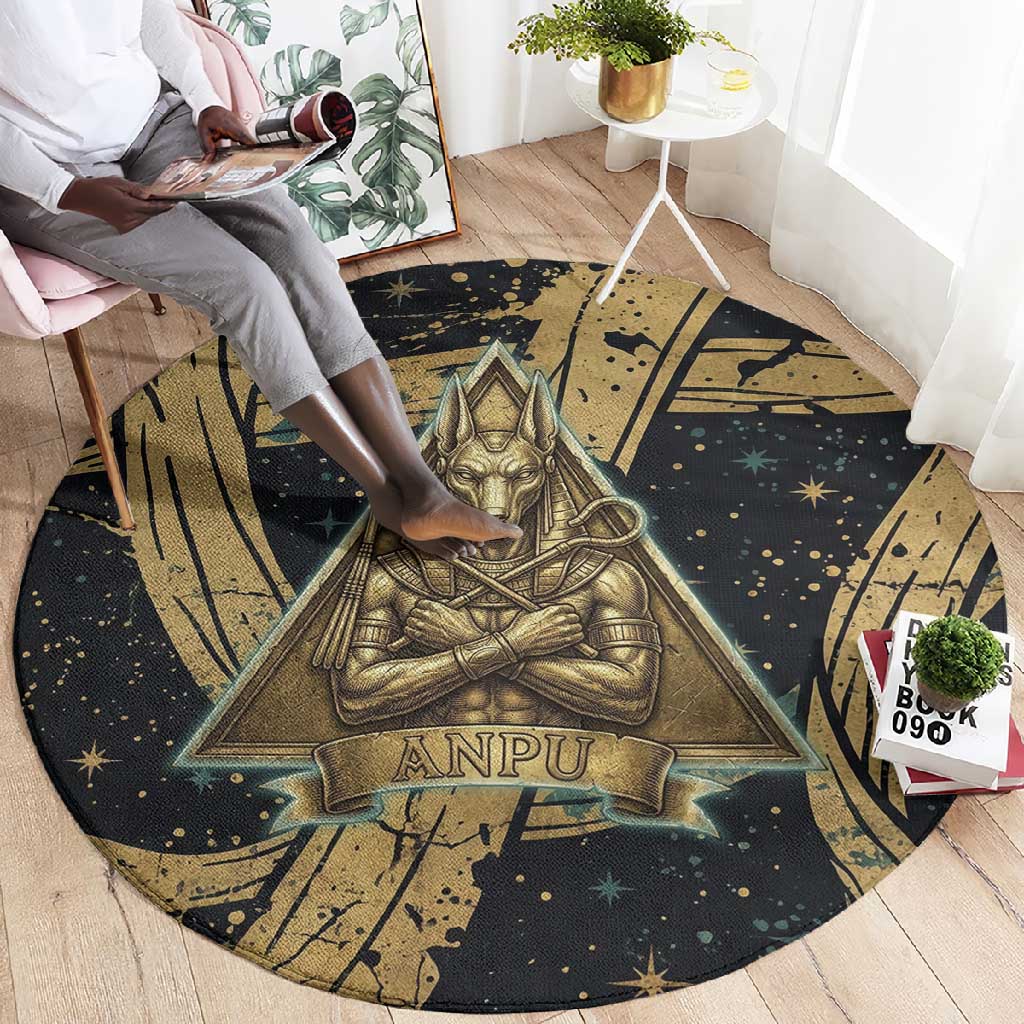 Anubis Ancient Egyptian Round Carpet with Starry Mummy Wrap Pattern, Anubis Warrior Illustration, and Pyramid - African Pride