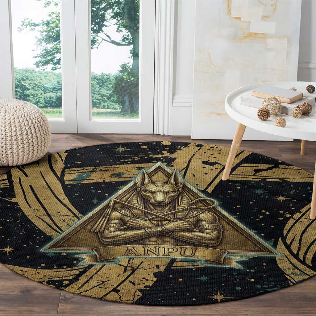 Anubis Ancient Egyptian Round Carpet with Starry Mummy Wrap Pattern, Anubis Warrior Illustration, and Pyramid - African Pride