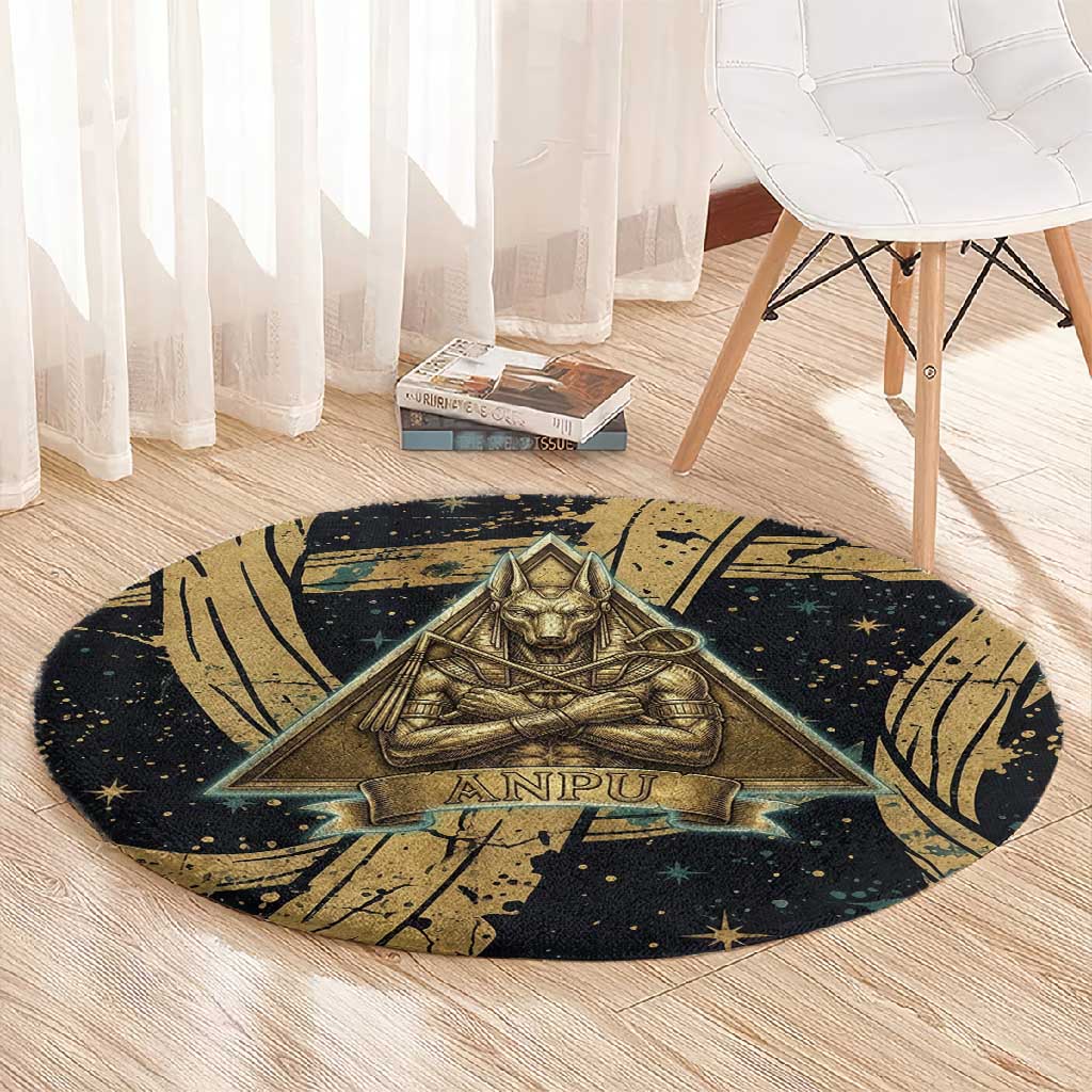 Anubis Ancient Egyptian Round Carpet with Starry Mummy Wrap Pattern, Anubis Warrior Illustration, and Pyramid - African Pride