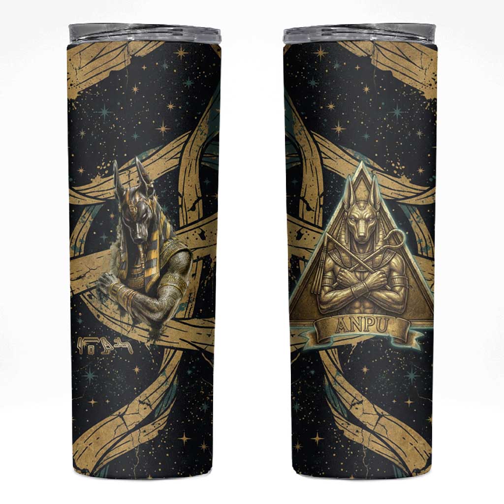 Anubis Ancient Egyptian Skinny Tumbler with Starry Mummy Wrap Pattern, Anubis Warrior Illustration, and Pyramid - African Pride