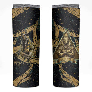 Anubis Ancient Egyptian Skinny Tumbler with Starry Mummy Wrap Pattern, Anubis Warrior Illustration, and Pyramid - African Pride