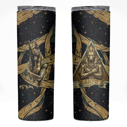 Anubis Ancient Egyptian Skinny Tumbler with Starry Mummy Wrap Pattern, Anubis Warrior Illustration, and Pyramid - African Pride