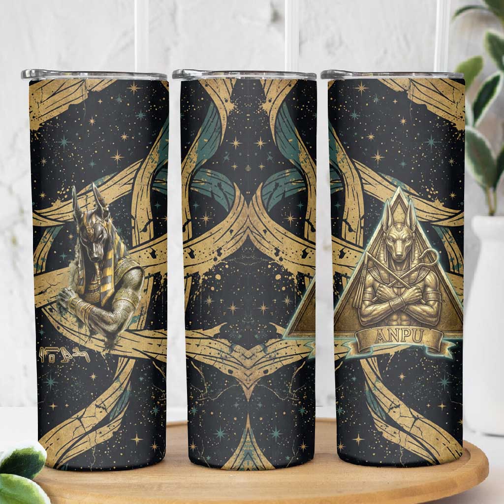 Anubis Ancient Egyptian Skinny Tumbler with Starry Mummy Wrap Pattern, Anubis Warrior Illustration, and Pyramid - African Pride