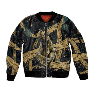 Anubis Ancient Egyptian Sleeve Zip Bomber Jacket with Starry Mummy Wrap Pattern, Anubis Warrior Illustration, and Pyramid - African Pride