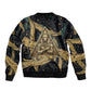 Anubis Ancient Egyptian Sleeve Zip Bomber Jacket with Starry Mummy Wrap Pattern, Anubis Warrior Illustration, and Pyramid - African Pride