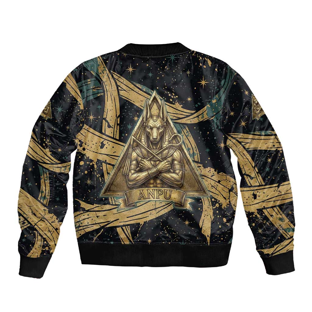 Anubis Ancient Egyptian Sleeve Zip Bomber Jacket with Starry Mummy Wrap Pattern, Anubis Warrior Illustration, and Pyramid - African Pride
