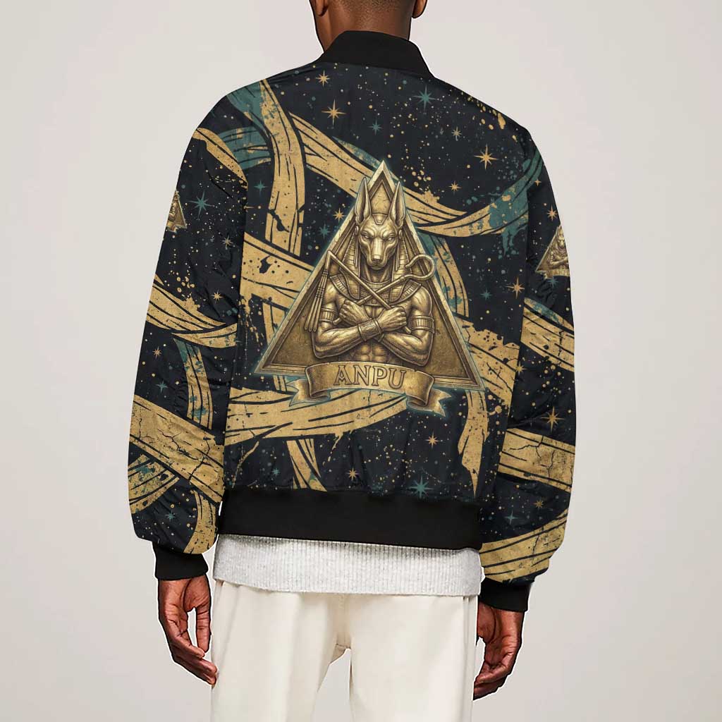 Anubis Ancient Egyptian Sleeve Zip Bomber Jacket with Starry Mummy Wrap Pattern, Anubis Warrior Illustration, and Pyramid - African Pride