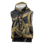 Anubis Ancient Egyptian Sleeveless Hoodie with Starry Mummy Wrap Pattern, Anubis Warrior Illustration, and Pyramid - African Pride