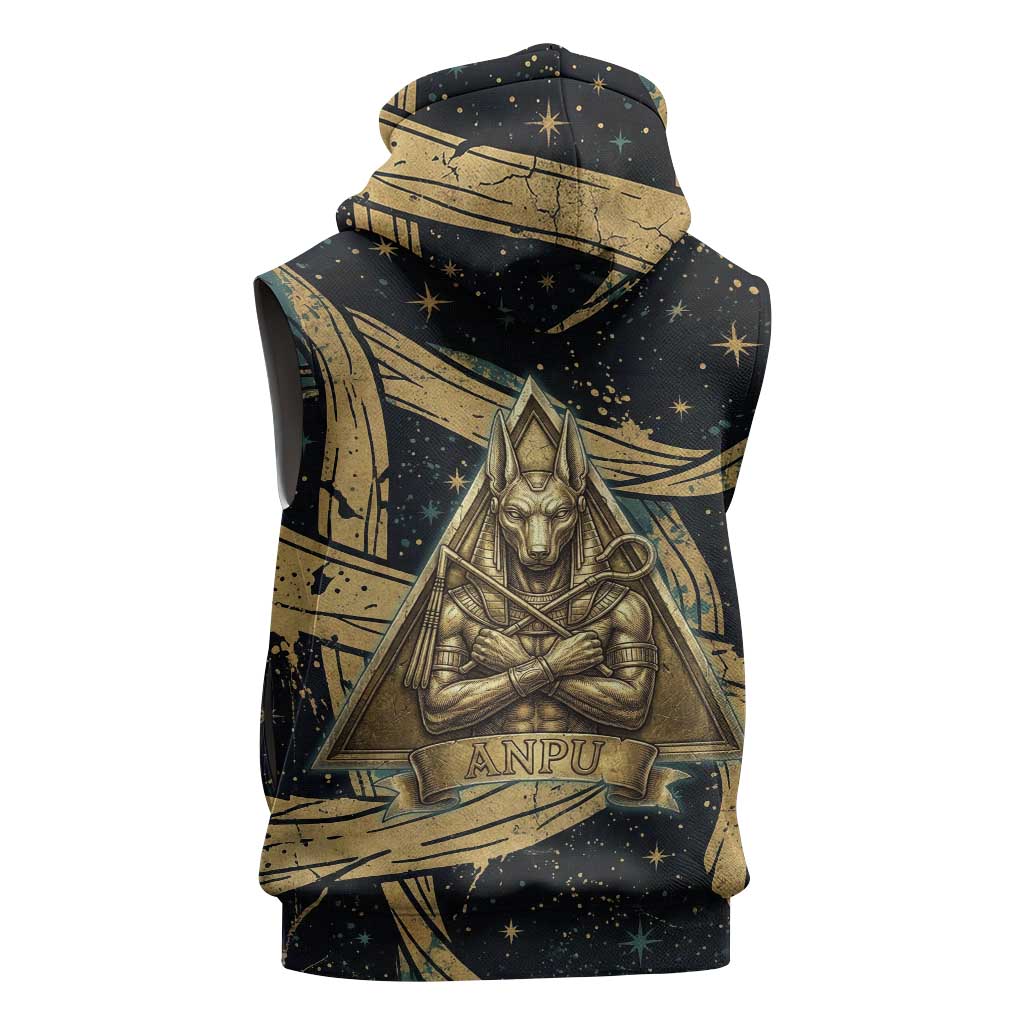 Anubis Ancient Egyptian Sleeveless Hoodie with Starry Mummy Wrap Pattern, Anubis Warrior Illustration, and Pyramid - African Pride