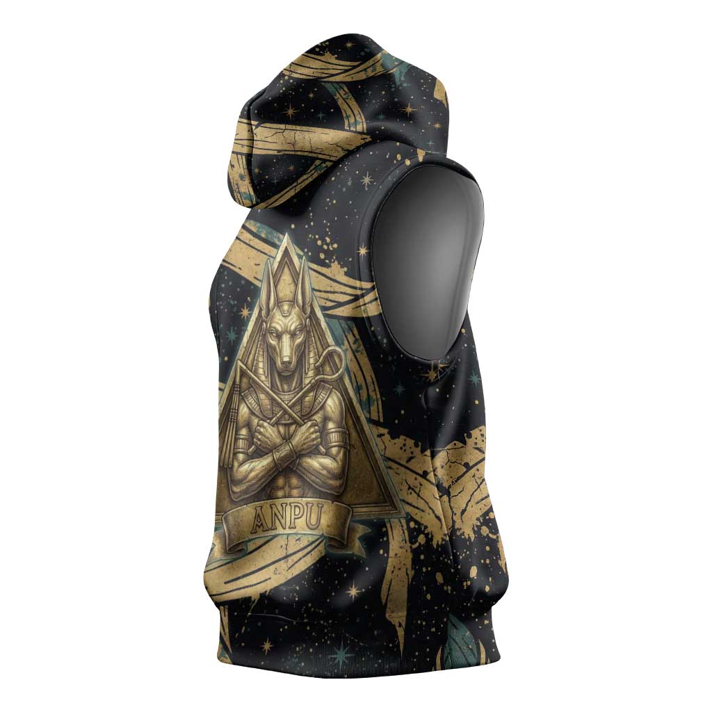 Anubis Ancient Egyptian Sleeveless Hoodie with Starry Mummy Wrap Pattern, Anubis Warrior Illustration, and Pyramid - African Pride