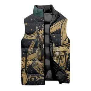 Anubis Ancient Egyptian Sleeveless Puffer Jacket with Starry Mummy Wrap Pattern, Anubis Warrior Illustration, and Pyramid - African Pride