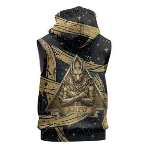 Anubis Ancient Egyptian Sleeveless Zip Hoodie with Starry Mummy Wrap Pattern, Anubis Warrior Illustration, and Pyramid - African Pride