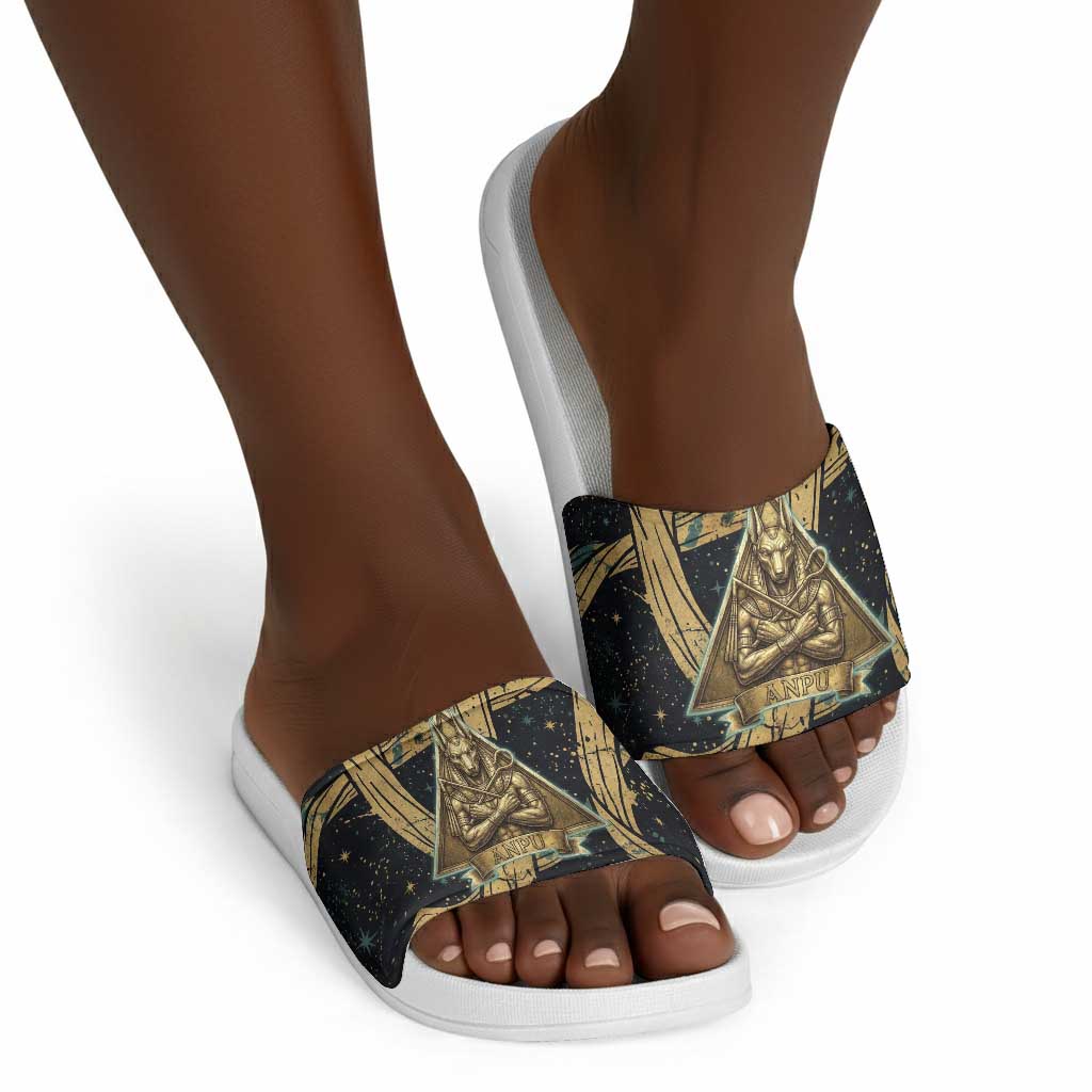 Anubis Ancient Egyptian Slide Sandals with Starry Mummy Wrap Pattern, Anubis Warrior Illustration, and Pyramid - African Pride
