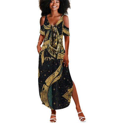 Anubis Ancient Egyptian Summer Maxi Dress with Starry Mummy Wrap Pattern, Anubis Warrior Illustration, and Pyramid - African Pride