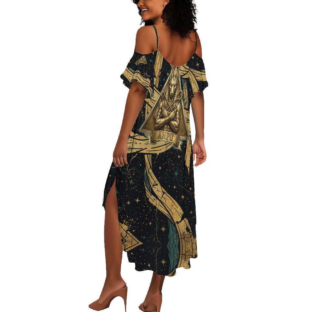 Anubis Ancient Egyptian Summer Maxi Dress with Starry Mummy Wrap Pattern, Anubis Warrior Illustration, and Pyramid - African Pride