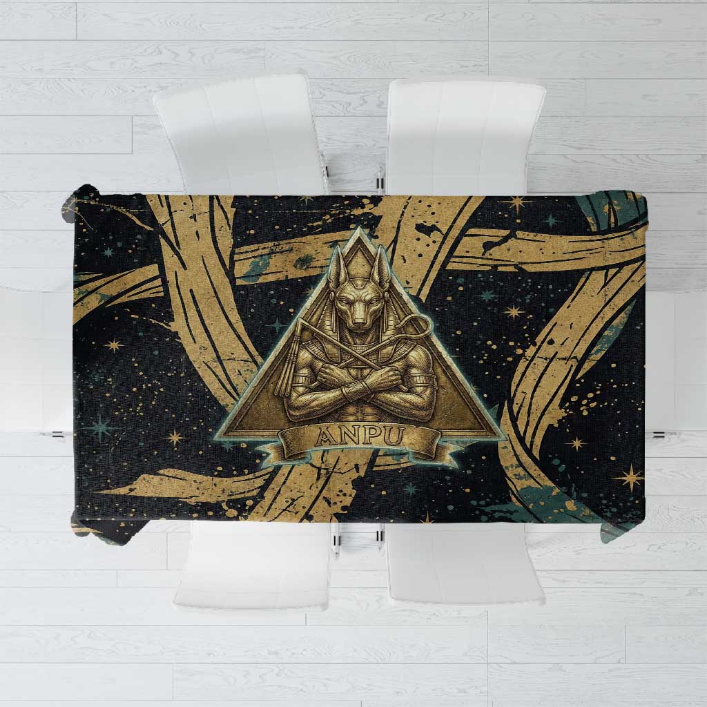 Anubis Ancient Egyptian Tablecloth with Starry Mummy Wrap Pattern, Anubis Warrior Illustration, and Pyramid - African Pride
