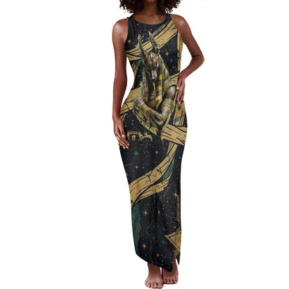 Anubis Ancient Egyptian Tank Maxi Dress with Starry Mummy Wrap Pattern, Anubis Warrior Illustration, and Pyramid - African Pride