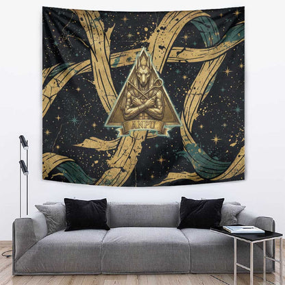 Anubis Ancient Egyptian Tapestry with Starry Mummy Wrap Pattern, Anubis Warrior Illustration, and Pyramid - African Pride
