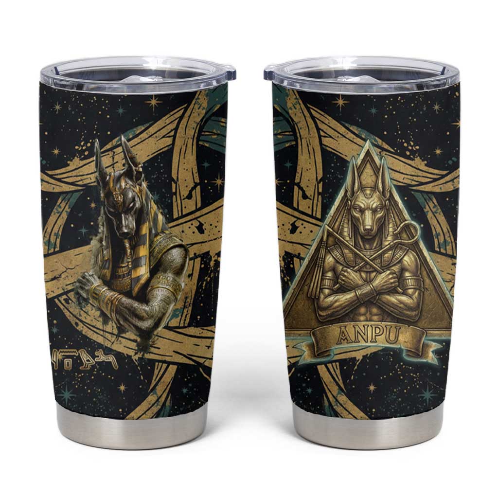 Anubis Ancient Egyptian Tumbler Cup with Starry Mummy Wrap Pattern, Anubis Warrior Illustration, and Pyramid - African Pride