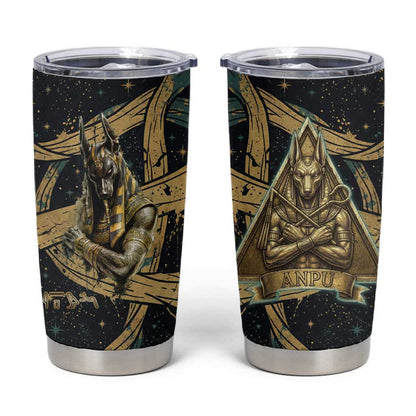 Anubis Ancient Egyptian Tumbler Cup with Starry Mummy Wrap Pattern, Anubis Warrior Illustration, and Pyramid - African Pride