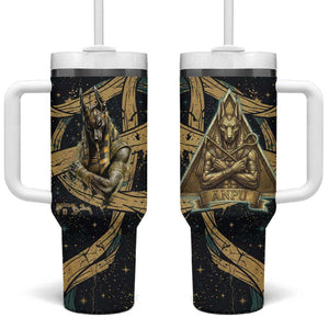 Anubis Ancient Egyptian Tumbler With Handle with Starry Mummy Wrap Pattern, Anubis Warrior Illustration, and Pyramid - African Pride