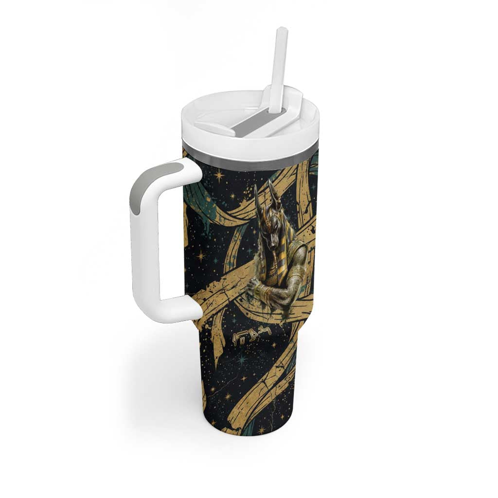 Anubis Ancient Egyptian Tumbler With Handle with Starry Mummy Wrap Pattern, Anubis Warrior Illustration, and Pyramid - African Pride